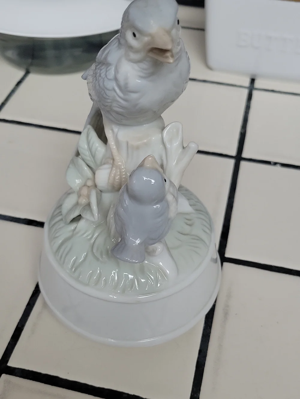 Vintage Porcelain Bird Music Box - Pale Gray and White Decorative Accent